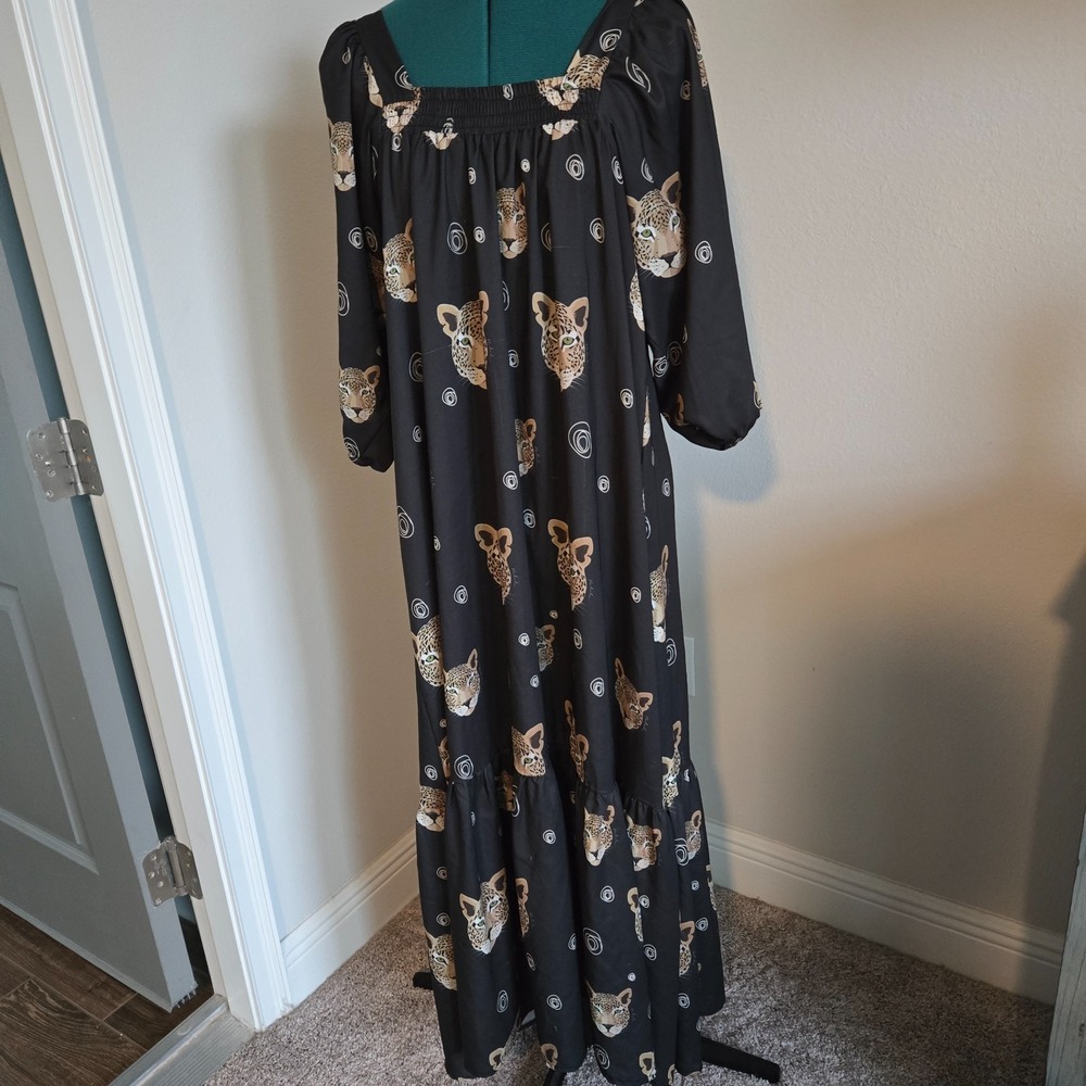 Bululu Resort Wear One Size Womens Maxi Dress Tiger Print Ruffled Hem Satin